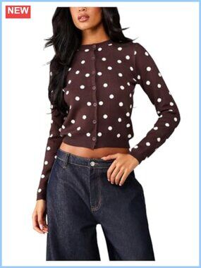 Polka Dots Button Down Cropped Cardigan Sweater Rib Knit